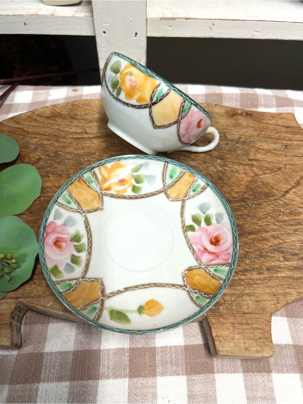 Vintage Nippon teacup and saucer handpainted grandma core